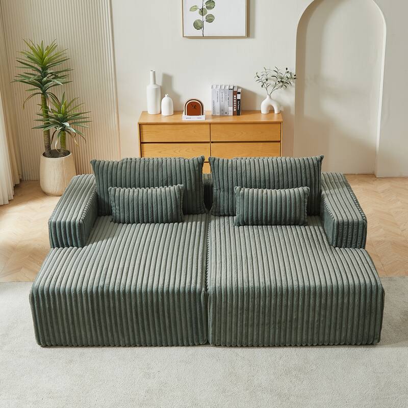 87'' Lounge Chaise Sleeper Sofa - Soft Corduroy Couch with Ottoman Bench and Pillow Support