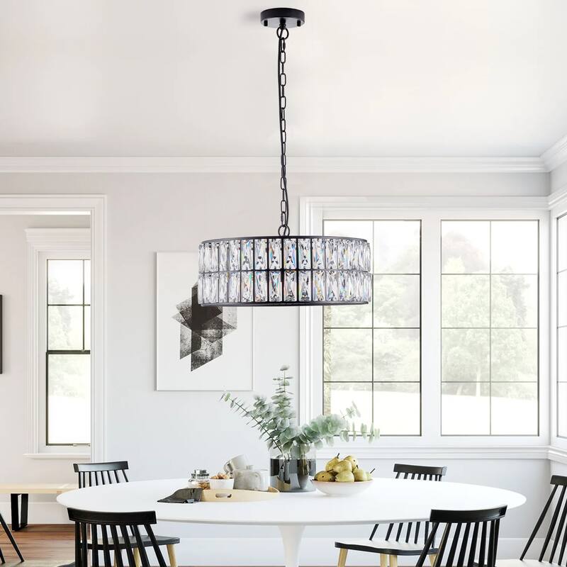 18" Golden Modern Crystal Drum Chandelier, 6-Light Pendant Lighting Fixture Metal Frame for Living Room, Dining Room and Bedroom - Black