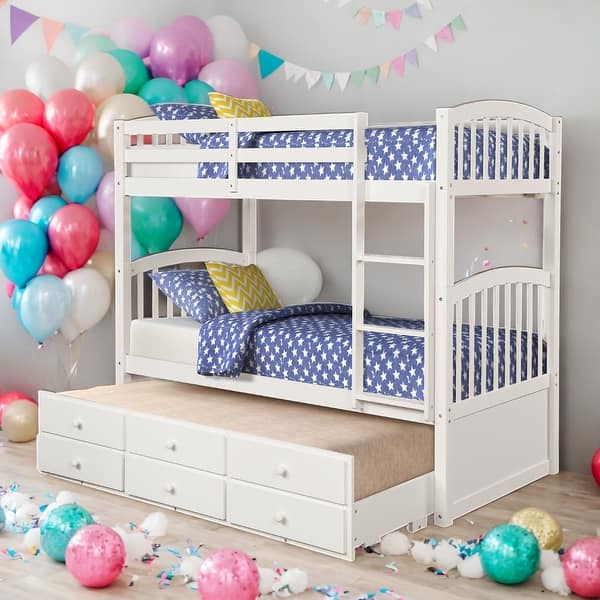 slide 2 of 9, Twin over Twin Bunk Bed With Ladder And Safety Rail,Twin Trundle Bed with 3 Drawers White