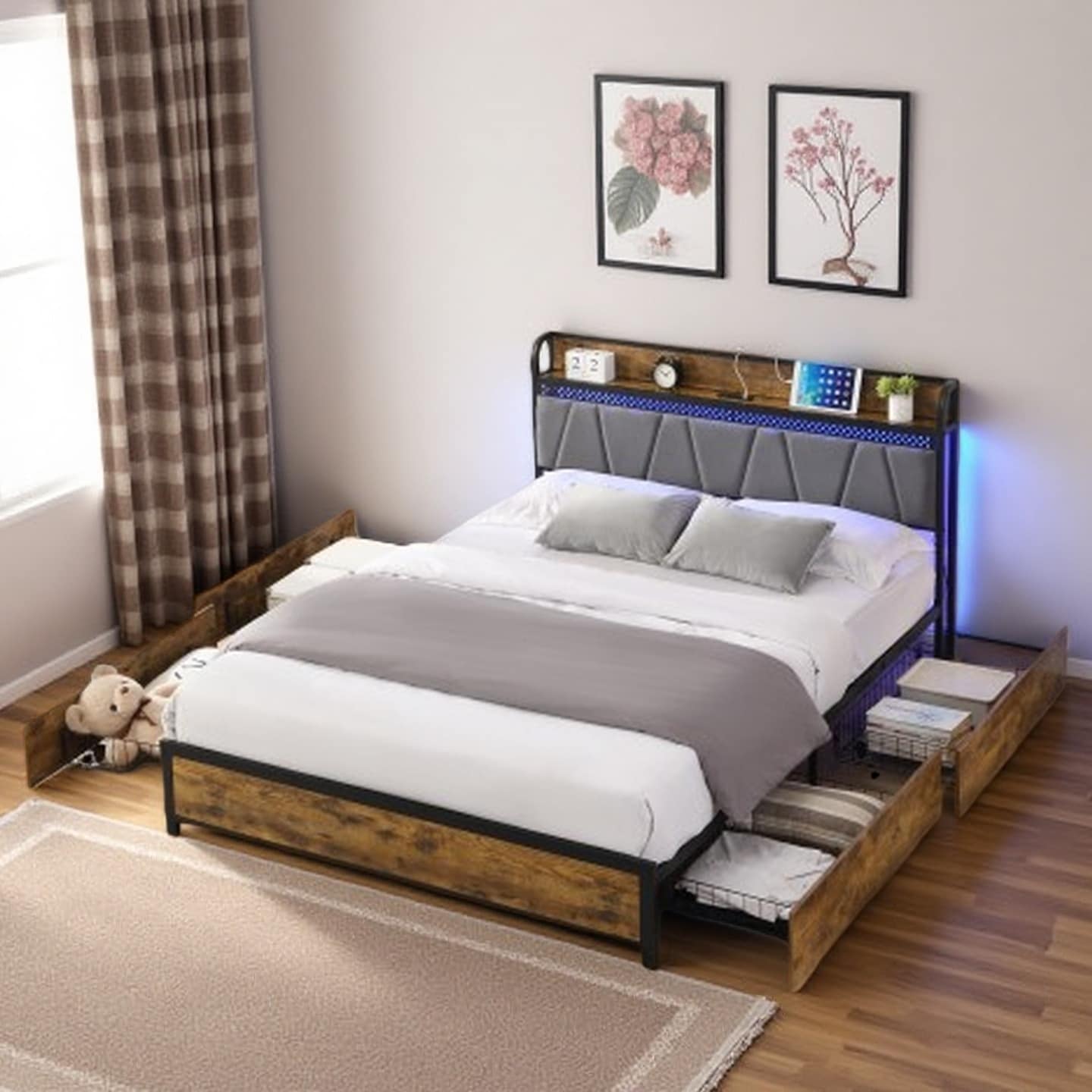Full Size Platform Bed with LED Headboard, Built-In Charging Station, 4 Under-Bed Storage Drawers, Brown