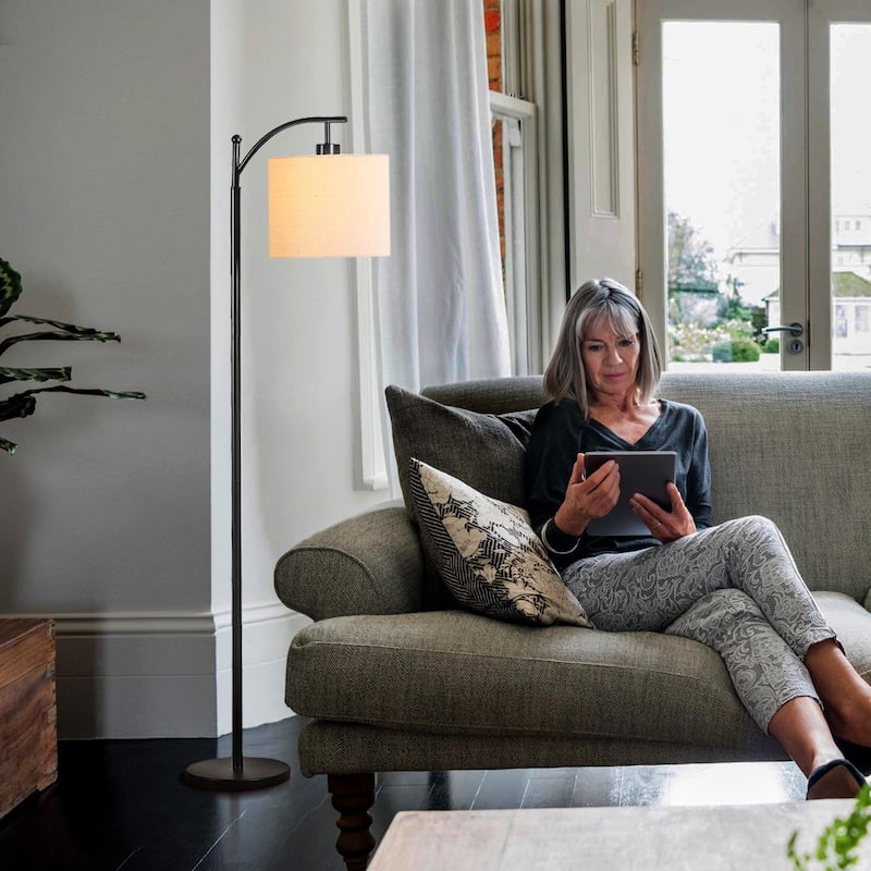 Brightech Montage 62 in. Mid-Century Modern LED Super Bright Floor Lamp with Beige Fabric Drum Shade