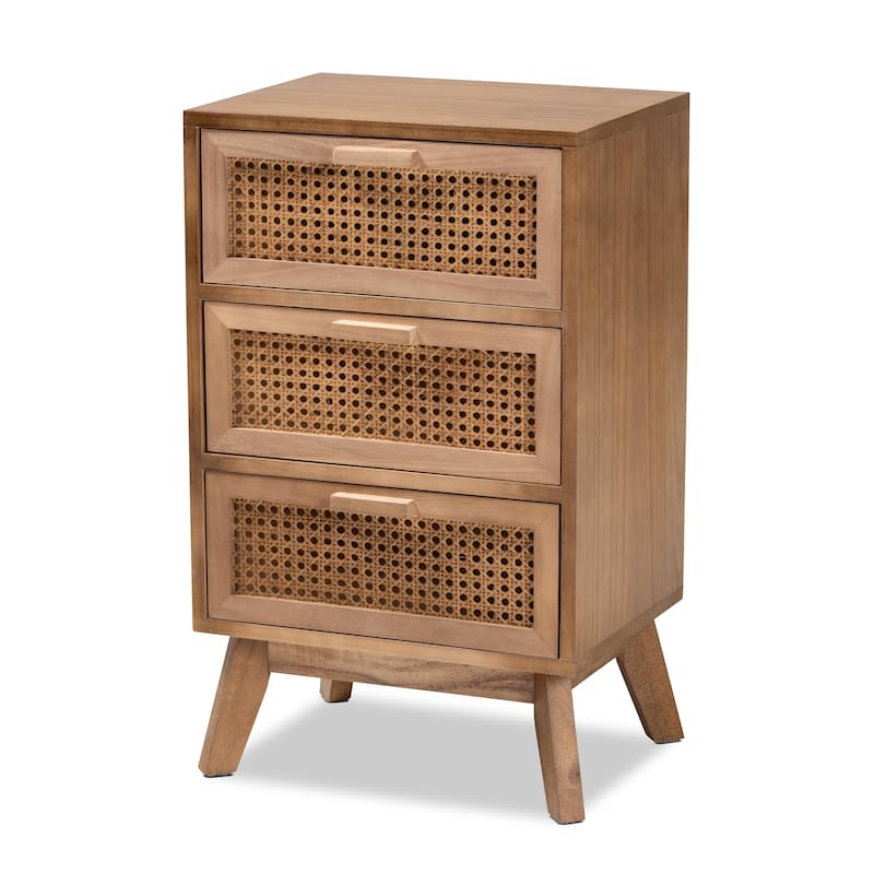 Baxton Studio Baden Mid-Century Modern Walnut Brown Finished Wood 3-Drawer End Table with Rattan - Natural Brown, Walnut Brown