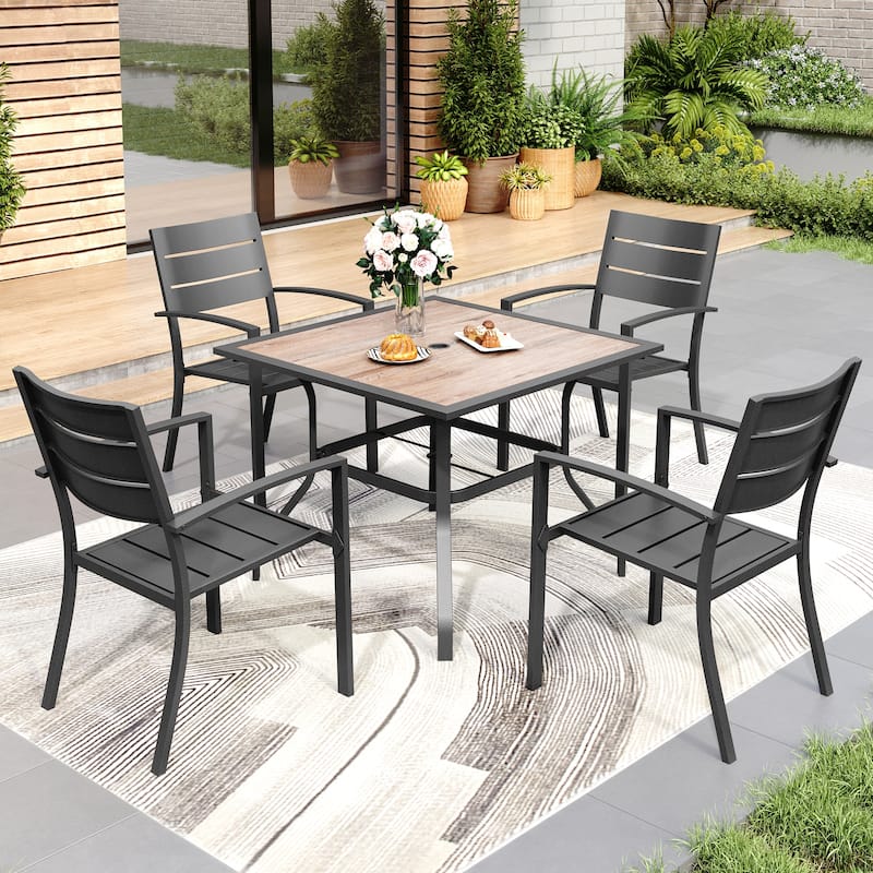 MAISON ARTS Outdoor 5 Pieces Dining Set Metal Table with Umbrella Hole & Stackable Patio Dining Chairs - Square Wood-look Table