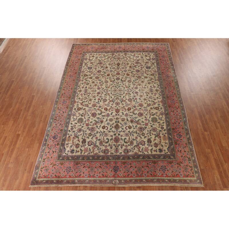 Vegetable Dye Signed Tabriz Persian Antique Rug Handmade Wool Carpet - 9'3"x 13'0"