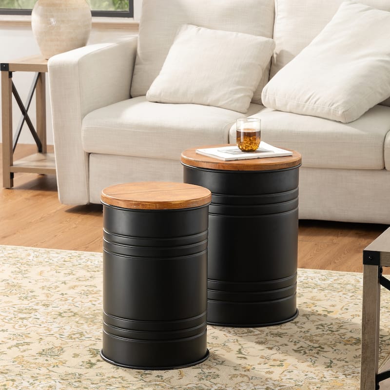 Glitzhome Industrial Farmhouse Round Storage Side Tables (Set of 2)