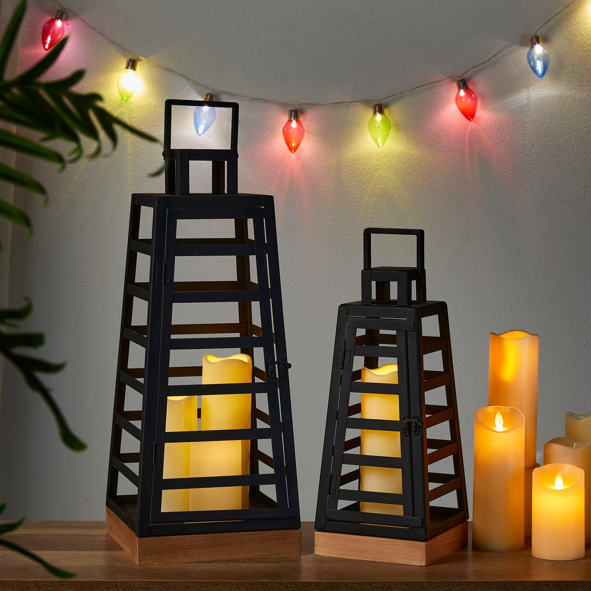 Glitzhome Set of 2 Modern Metal Trapezoid Lanterns Fall Halloween Hanging Candle Holders