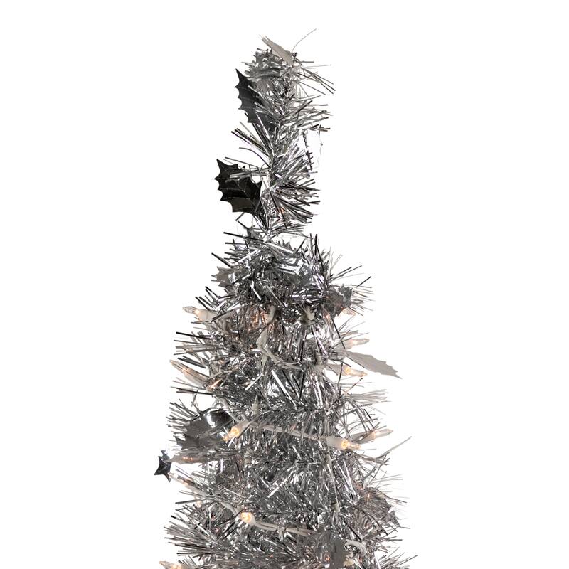 4' Silver Tinsel Pop-Up Artificial Christmas Tree, Clear Lights - 4 Foot