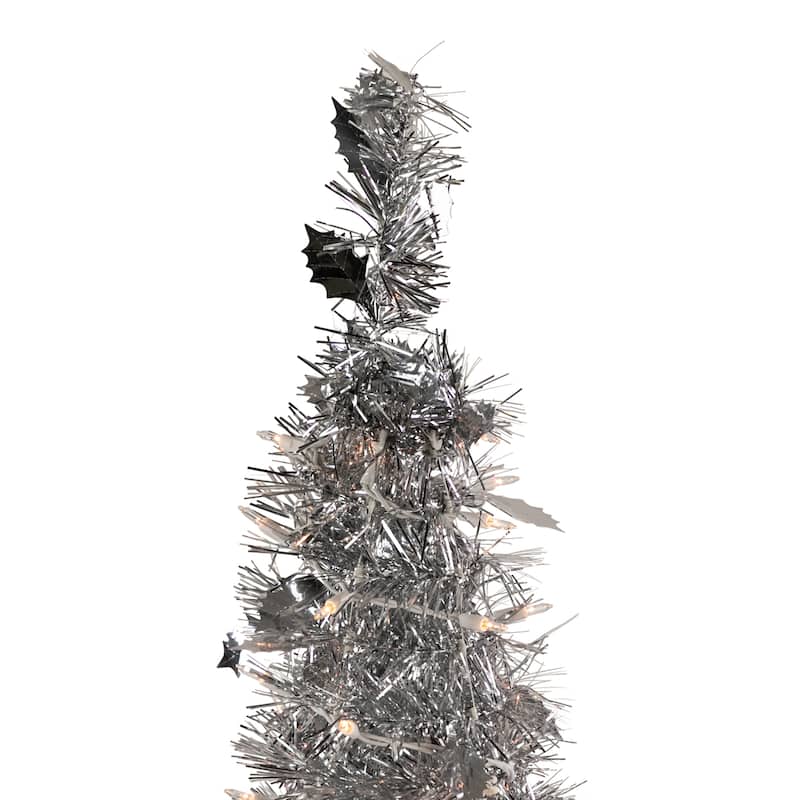 6' Pre-Lit Silver Tinsel Pop-Up Artificial Christmas Tree