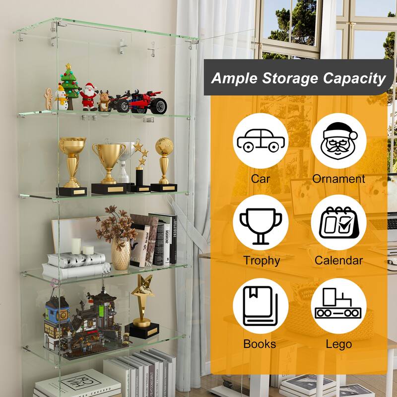 4-Tier Tempered Glass Display Cabinet with 5 Dynamic LED Modes, Double Doors & Fixed Shelves for Collectible Showcase