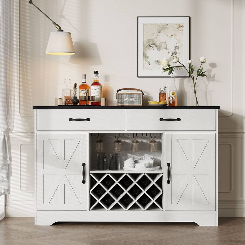 Gymojoy 55" Farmhouse Bar Cabinet with Wine Rack & Coffee Station, Rustic Storage for Dining Room, Kitchen, Living Room