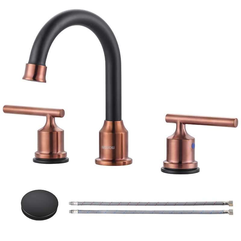 WOWOW 8 in. Widespread Double-Handle Bathroom Faucet with Drain Kit - Rose Gold and Black
