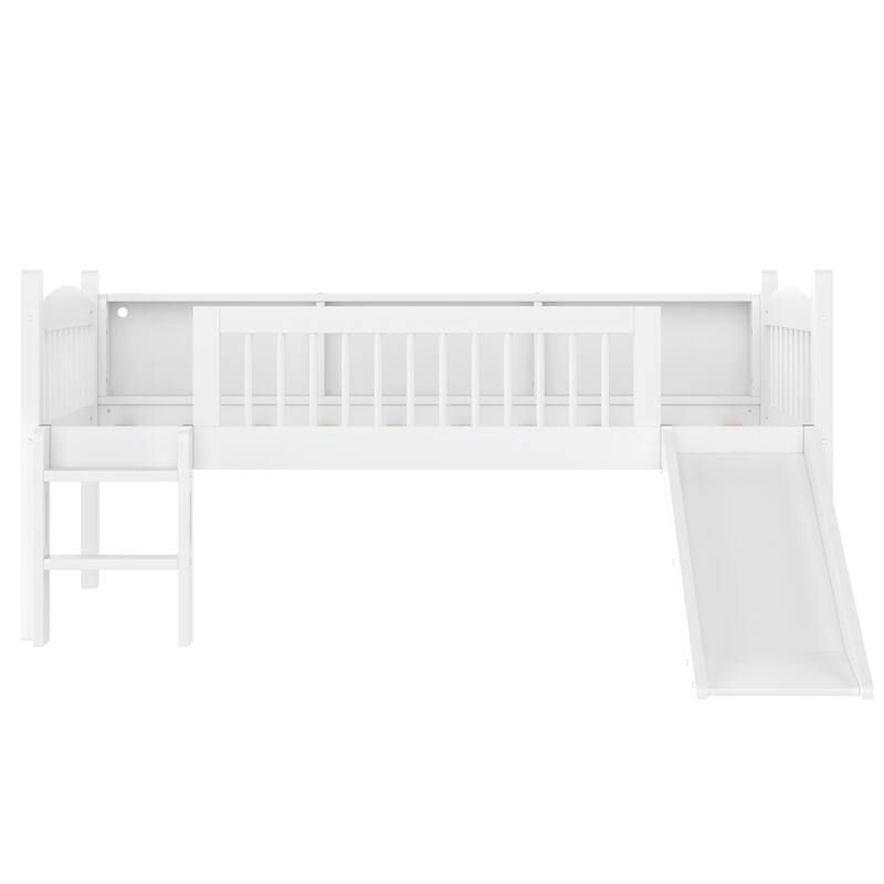 Roomfitters Twin XL Low Loft Bed with Storage Shelves and LED Lights, Solid Wood Frame