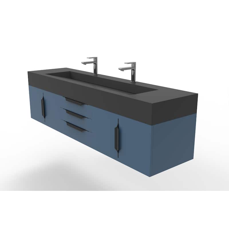 Nile 72" Wall Mounted Bathroom Vanity Set w/ Black Top