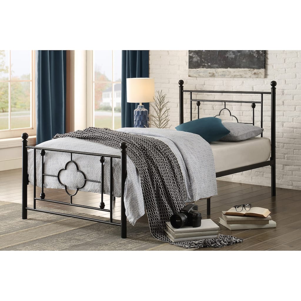 Black Finish Twin/Full Metal Platform Bed Frame with Quatrefoil Pattern.