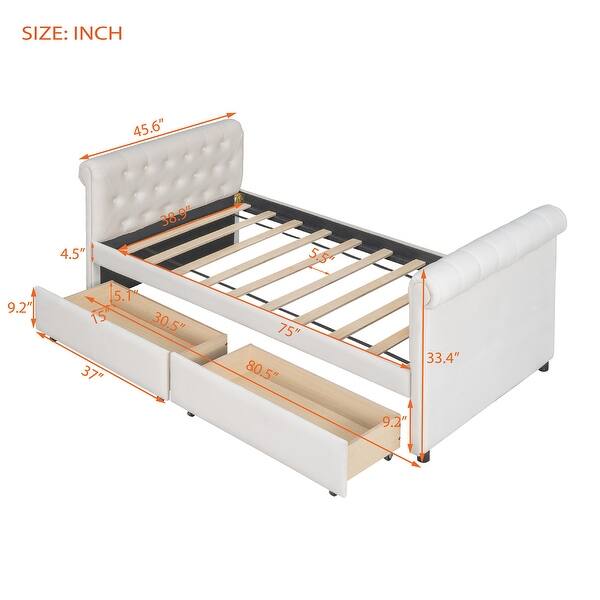 Beige Twin Size Upholstered Daybed Sofa Bed with 2 Drawers, Fabric and Wood Frame Wood Slat Support