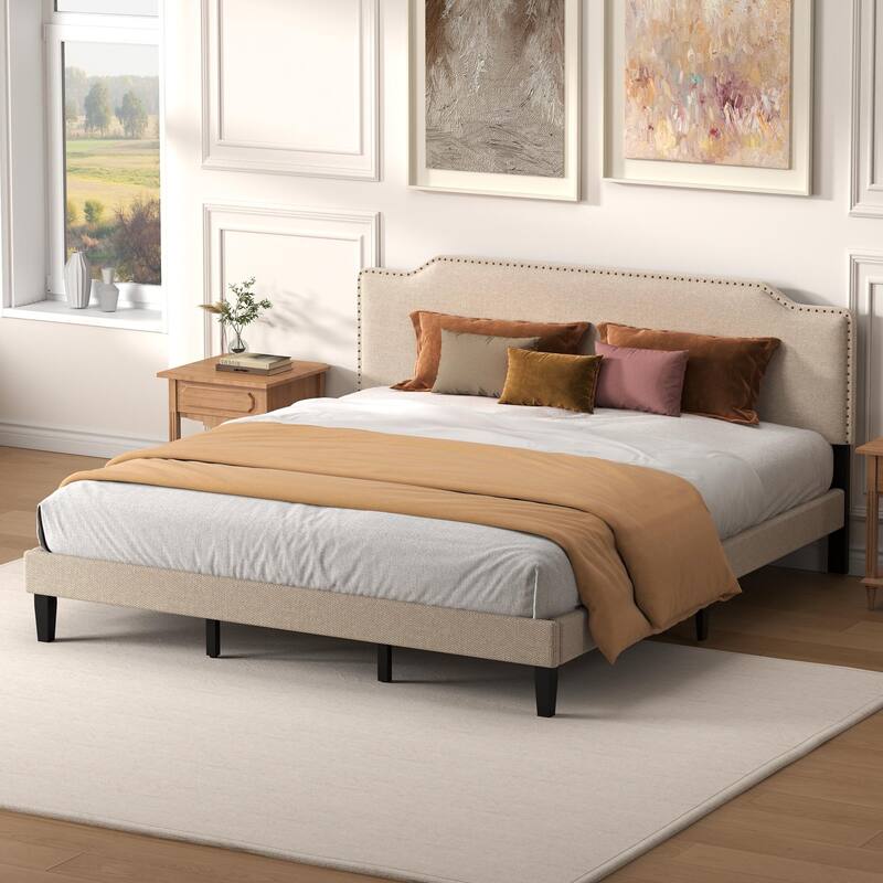 Upholstered Panel Bed with Nailed Headboard - Beige - King