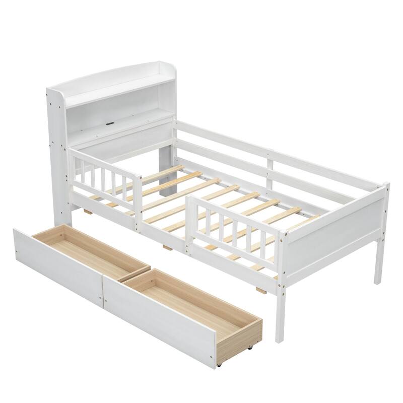 Wood Twin Size Platform Bed With Built-In Led Light, Guardrail And 2 Drawers