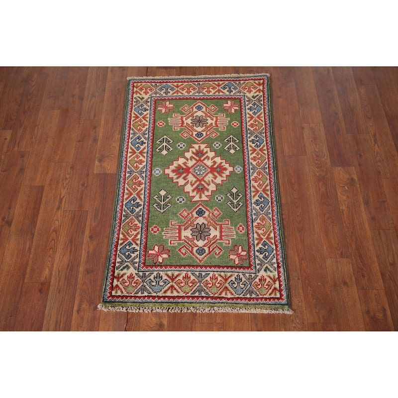 Green Geometric Kazak Oriental Accent Rug Handmade Wool Carpet - 1'10"x 2'10"