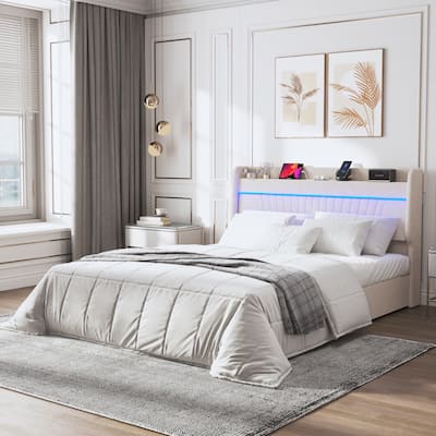 Queen bed Frame with Storage Upholstered Headboard and 4 Drawers, Velvet Upholstered Platform bed with LED Lights