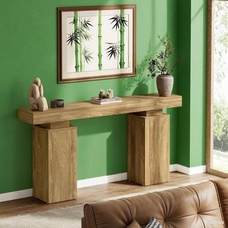 Brown MDF Farmhouse Console Table with Rustic Wood-Grain Finish - 63” L x 11.81 W x 33.46 H