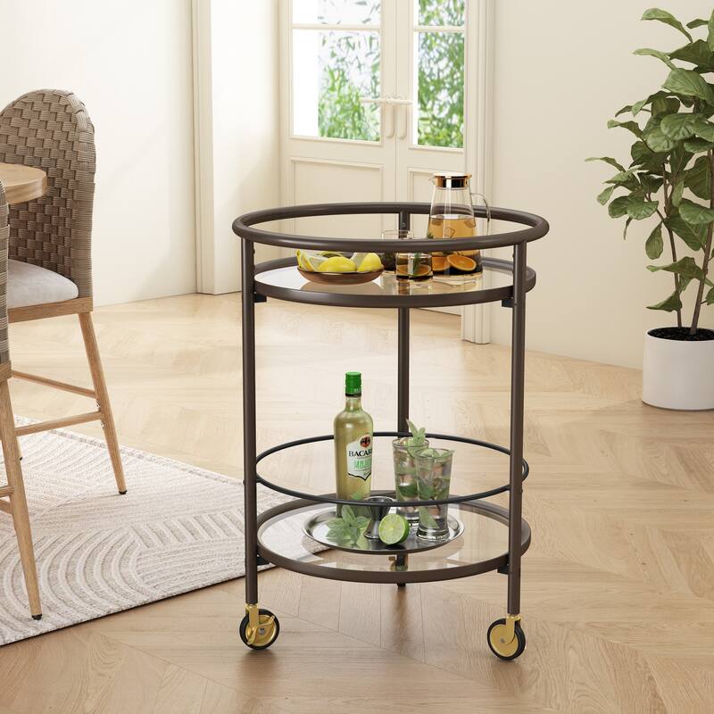 Christopher Knight Home - Aurelia Modern Round Bar Cart with Tempered Glass Shelves - Coffee