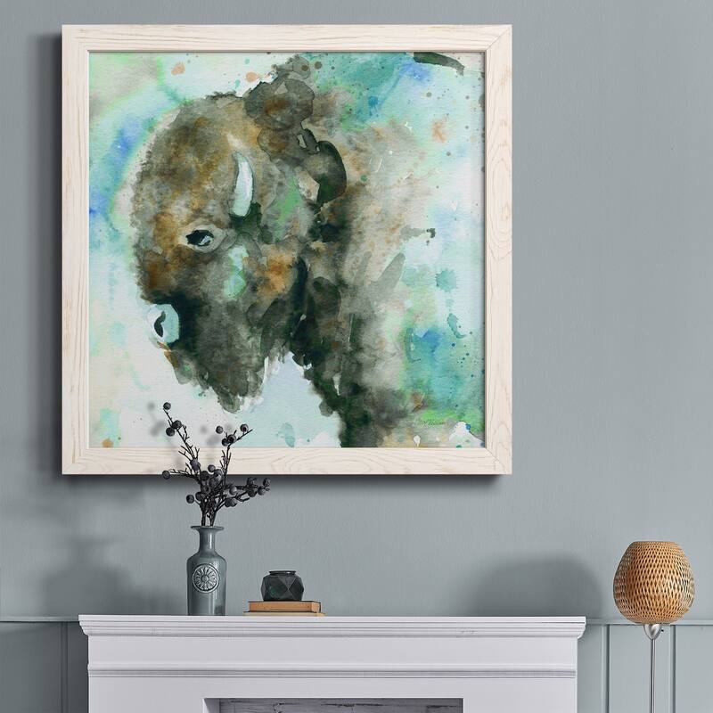 Buffalo On Blue-Premium Framed Canvas - Ready to Hang