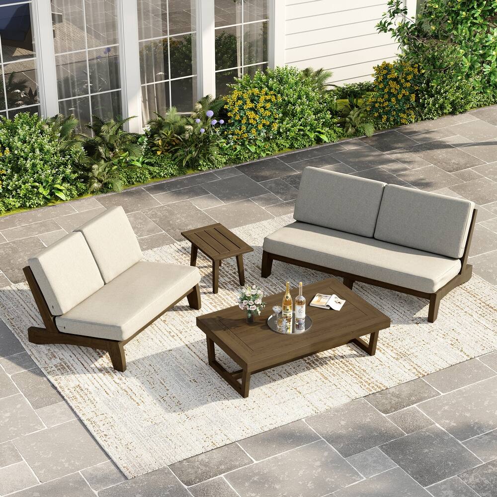 Casual Teak Outdoor Patio Conversation Set with Cushioned Sofa Loveaseat