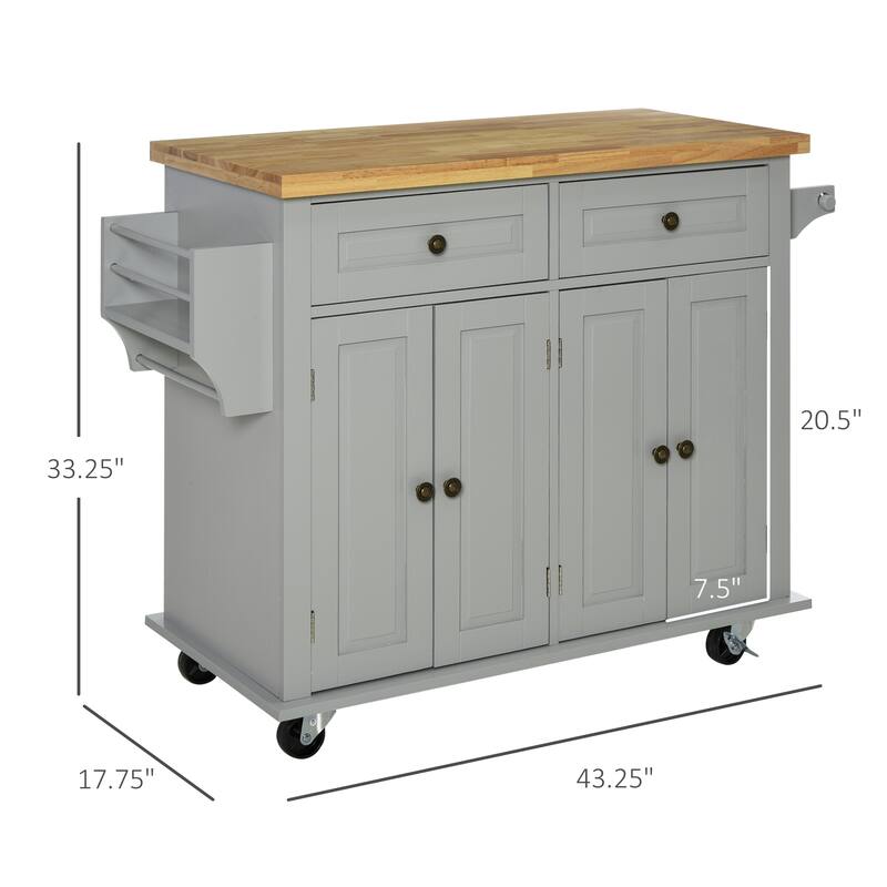 HOMCOM Rolling Kitchen Island Cart with Rubber Wood Top, Spice Rack, Towel Rack & Drawers for Dining Room