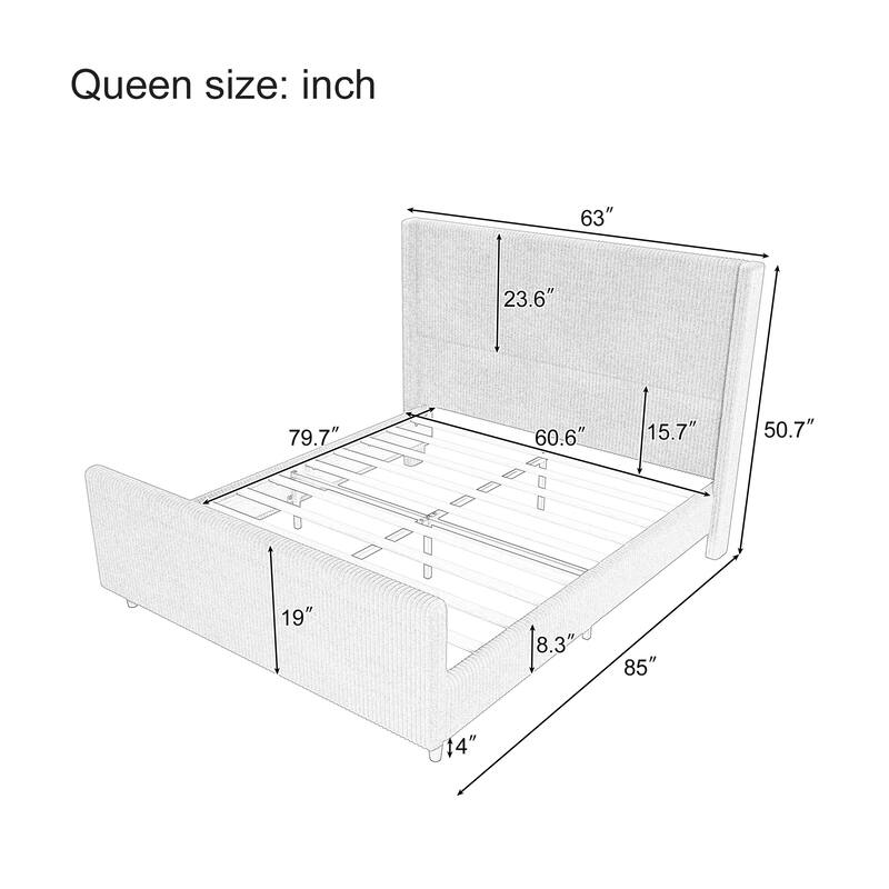 Queen Size Platform Bed Taupe Corduroy Fabric Wingback Bed