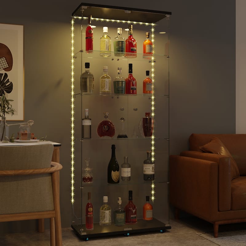 Tempered glass display cabinet, file cabinet, with Bluetooth LED light strip, lock on the door,equipped with cast, easy to move