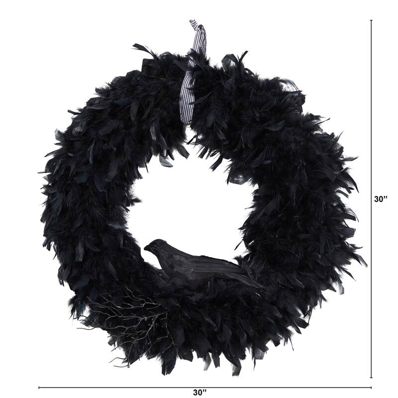 Black Feather with Decorative Raven Halloween Wreath, 30-Inch, Unlit
