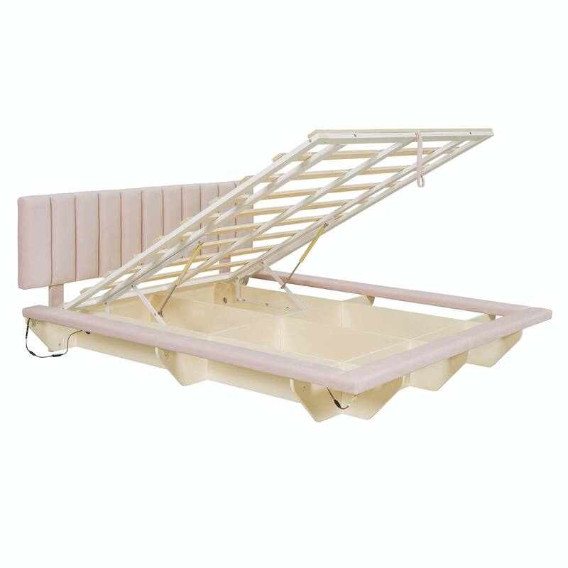 Queen Size Upholstered Floating Bed with LED Light and USB Port