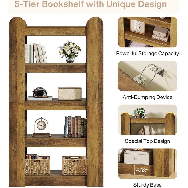 5-Tier Tall Bookshelf, 70.86-inch Farmhouse Wooden Bookcase, Freestanding Display Shelf Storage Shelves