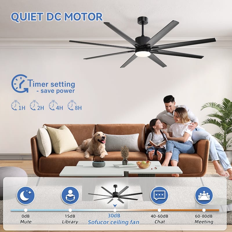 52"/66"/72"/76 Inch Modern Ceiling Fan with Dimmable LED Light ,Remote&APP Control,8 Blades for Large Living Room,Porch