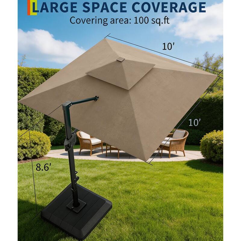 10x10Ft Square Solar LED Cantilever Umbrella , with Weighted Base