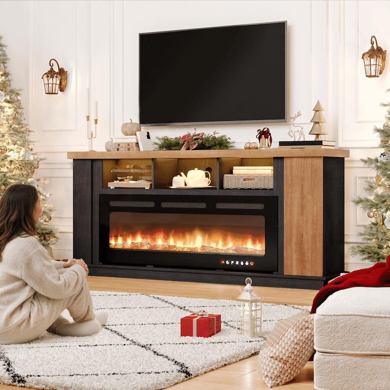 Erommy 70" TV Stand with Electric Fireplace Heater, Media Entertainment Center Console for TVs up to 80" with Storage Cabinet