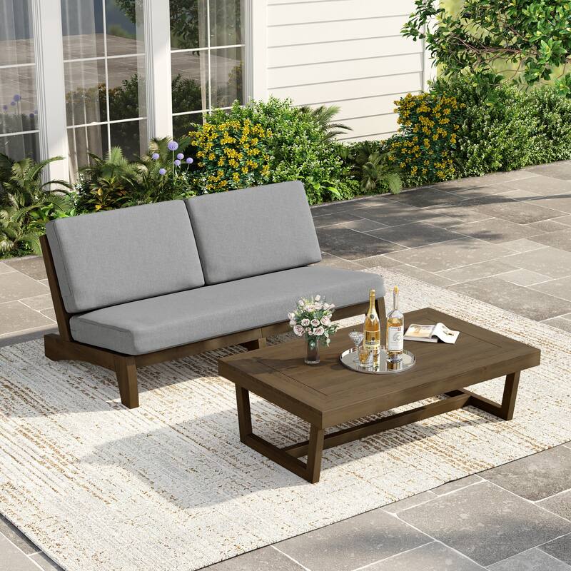 3 Seat Wood 64" W Cushioned Outdoor Patio Sofa with Coffee Table