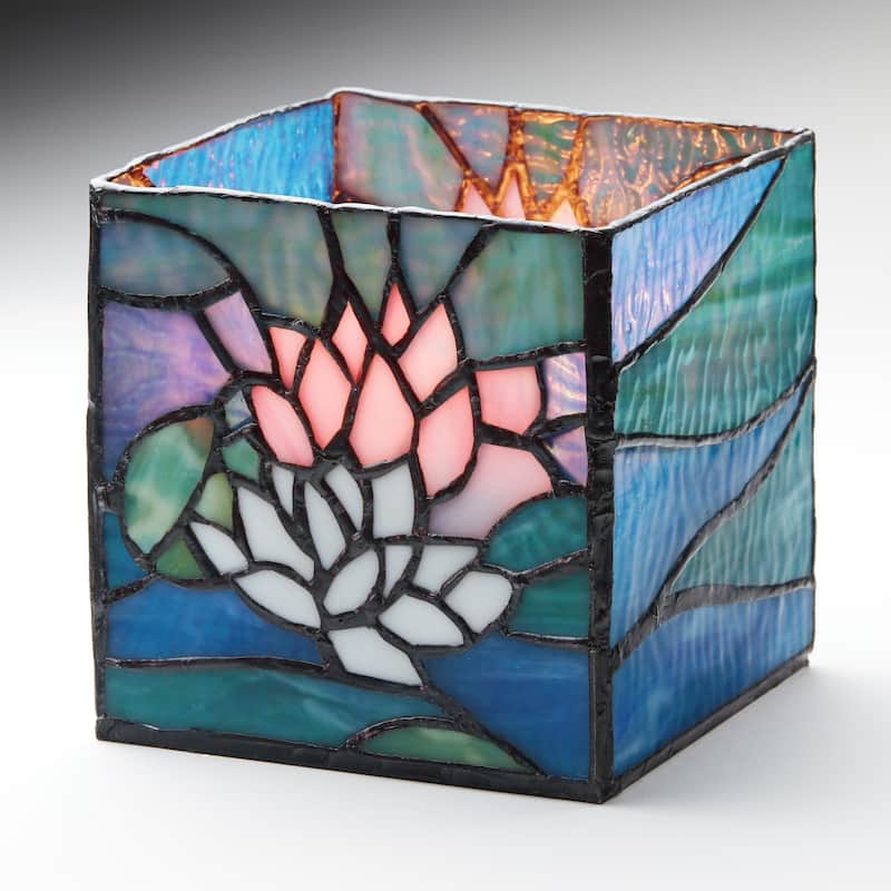River of Goods 4.75-Inch Blue Pond Lilies Stained Glass Candle Holder - 4.75" x 4.75" x 4.75"