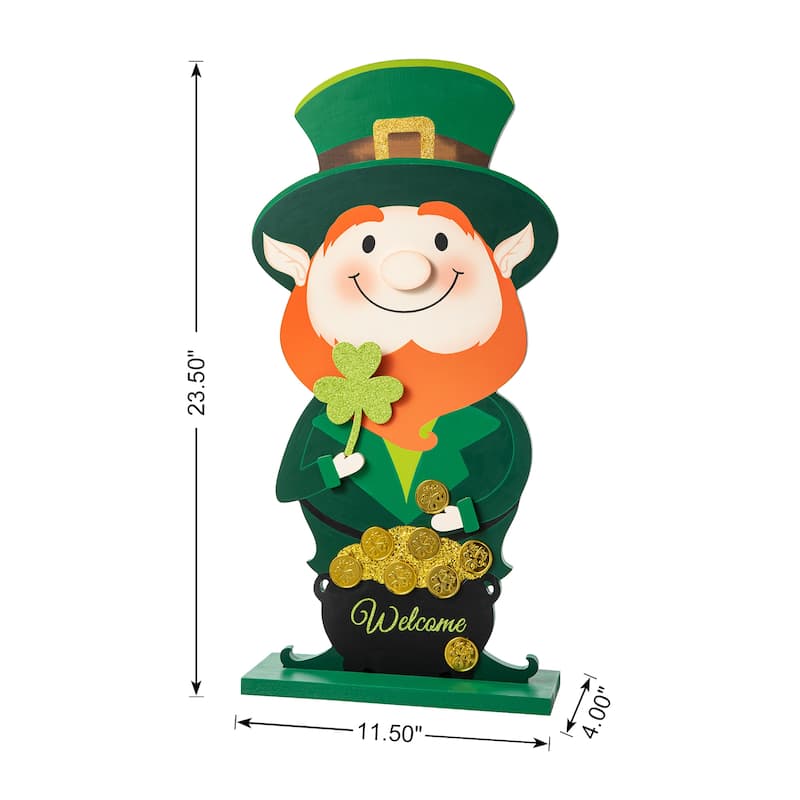 Glitzhome 24"H Wooden St. Patrick's Leprechaun Pot of Gold Porch Decor