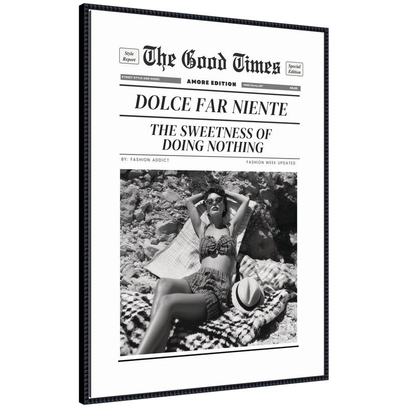 Kate and Laurel The Good Times Newspaper Dolce Far Niente by Honey Island Studio Framed Canvas Wall Art Print - 28 x 38 - Black