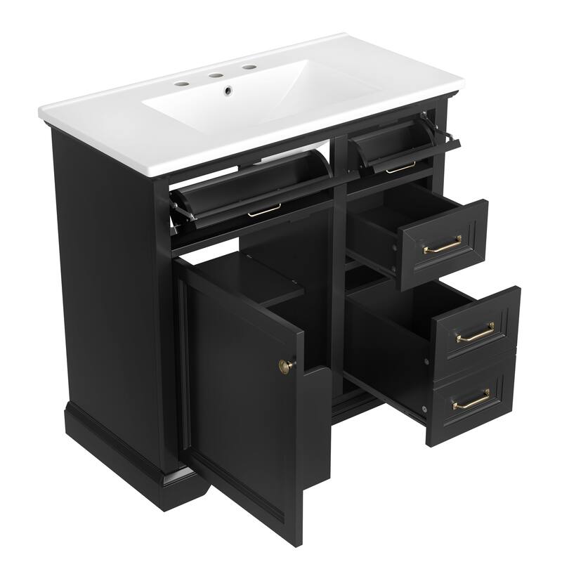 Roomfitters 36" Bathroom Vanity with Integrated Ceramic Sink, 2 Tip-out Drawers, Adjustable Shelving & Soft-Close Hinges, Black