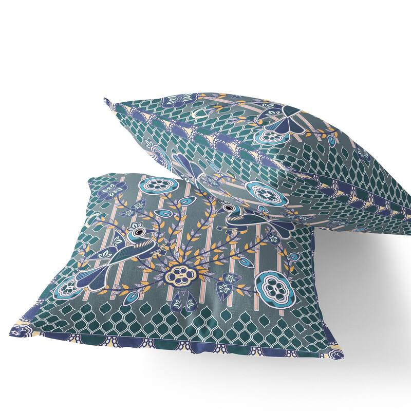 HomeRoots Set of Two 16" X 16" Blue and Gray Peacock Blown Seam Floral Indoor Outdoor Throw Pillow - 16.00' X '16.00' X '5.00