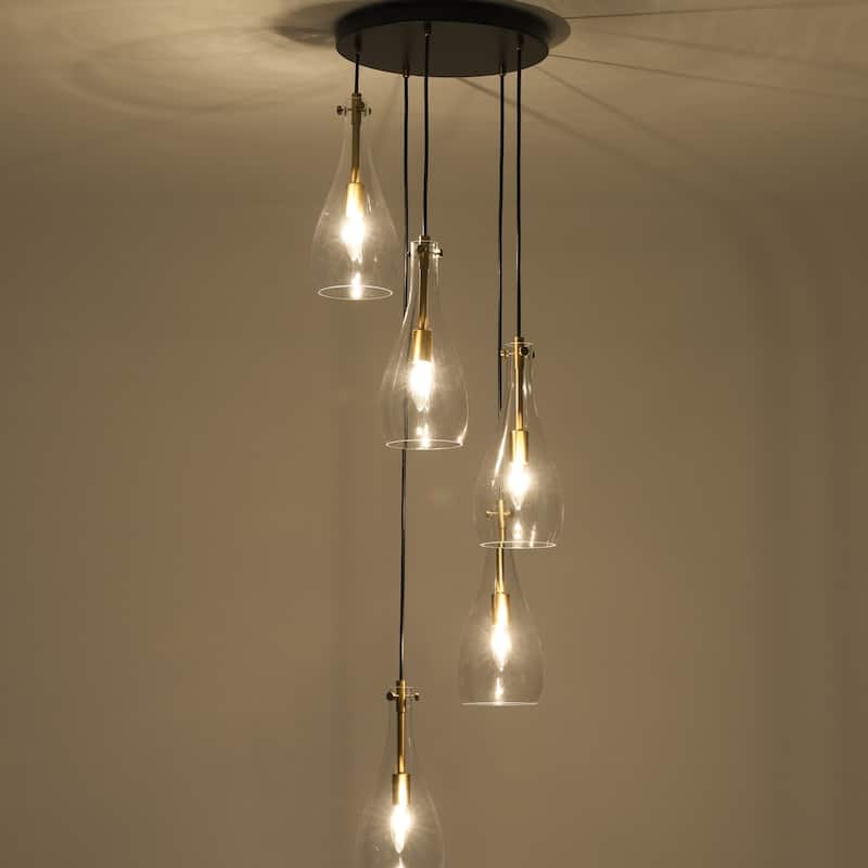 5-Light Modern Black Cluster Raindrop Clear Glass Chandelier for Kitchen Island, Staircase, Hallwya