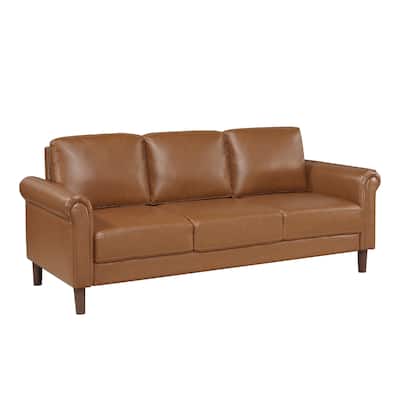 Lo Sofa w Rolled Arms, Mid Century Brown Faux Leather 79 Inch