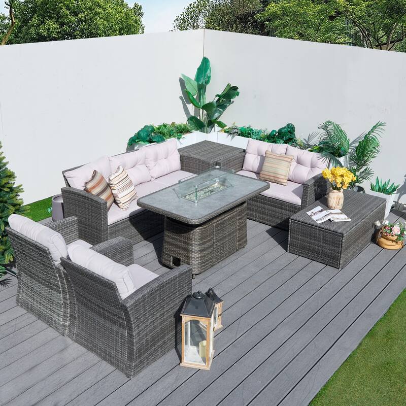 7-Piece PE Wicker Patio Fire Pit Sofa Set with Adjustable Propane Fire Table and Storage Side Tables
