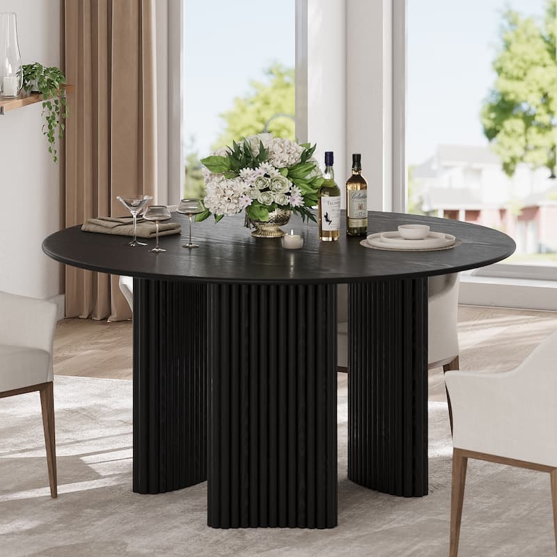 Modern Round Dining Table with Striped Column Legs Solid Wood Kitchen Table Anti-Scratch Footpads - Black - 52 in.L x 52 in.W