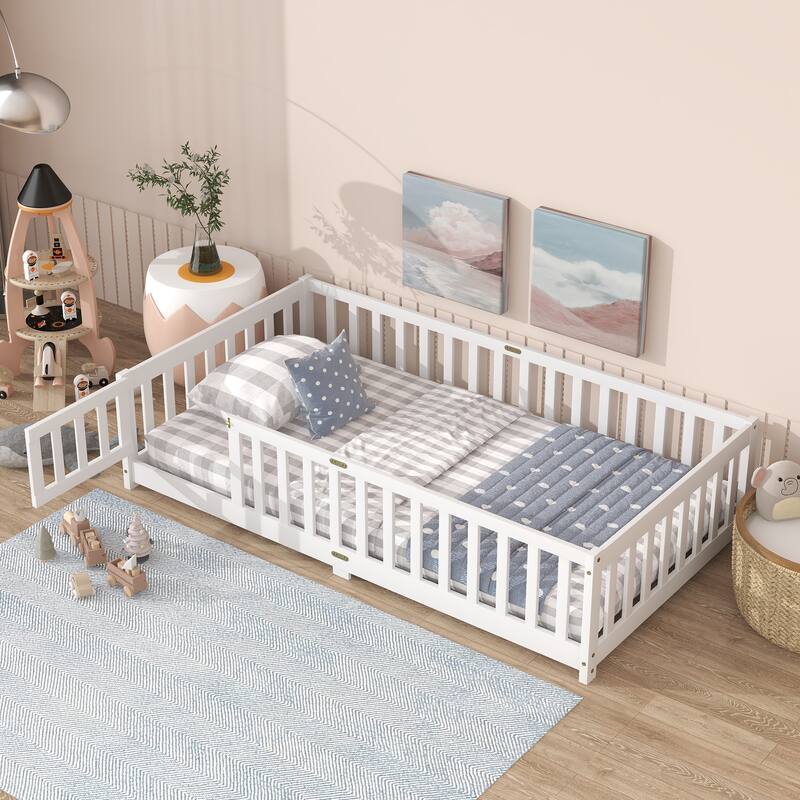 Twin Size Floor Bed with Fence and Door, Rubber Wood Floor Bed with Safety Guardrails - White