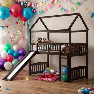 Contemporary Design Twin Loft House Bed with Slide, Ladder and Safety Guaranteed, Sturdy Construction & Unique Design, Espresso