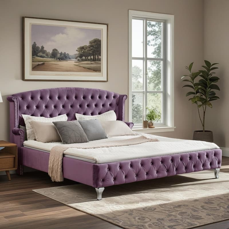 Christopher Knight Home - Larkswood Velvet Upholstered King Size Bed Frame with Wingback Headboard - Purple