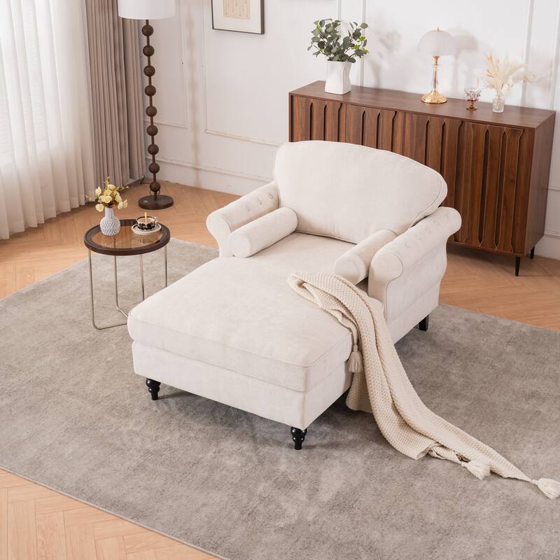 Oversized Chaise Lounge Sofa Bed - Wide Chenille Armchair, Upholstered Lazy Sleeper for Living Room - Beige